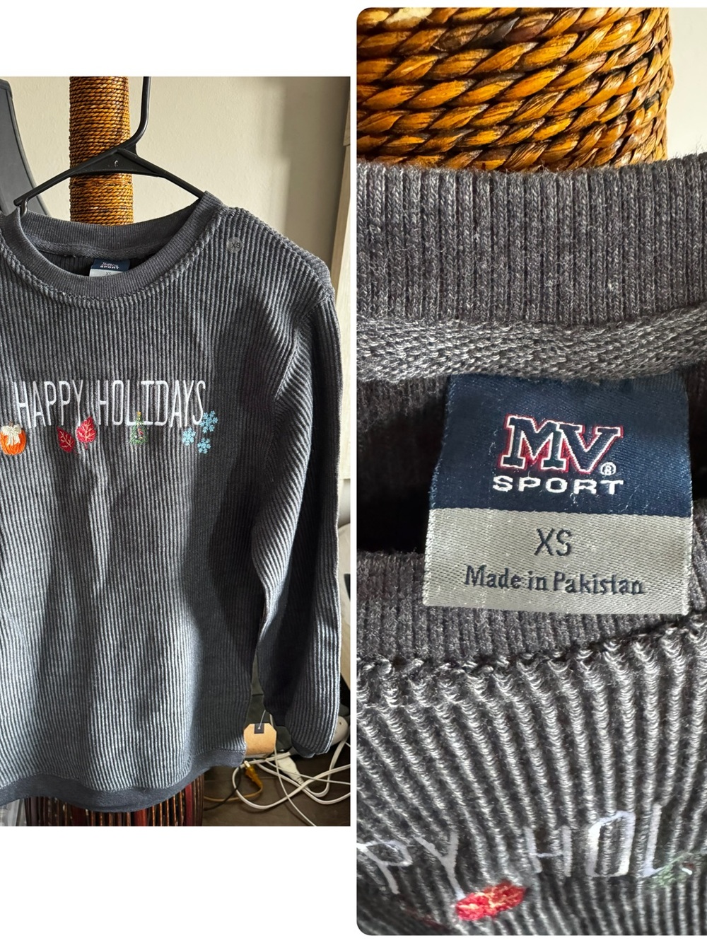 MV Sport Charcoal Ribbed 'Happy Holidays' Sweatshirt with Festive Embroidery